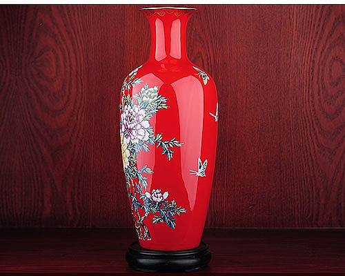 花开富贵珐琅彩手绘中国红瓷花瓶陶瓷装饰品工艺品摆件HY 35 - 创领科技 